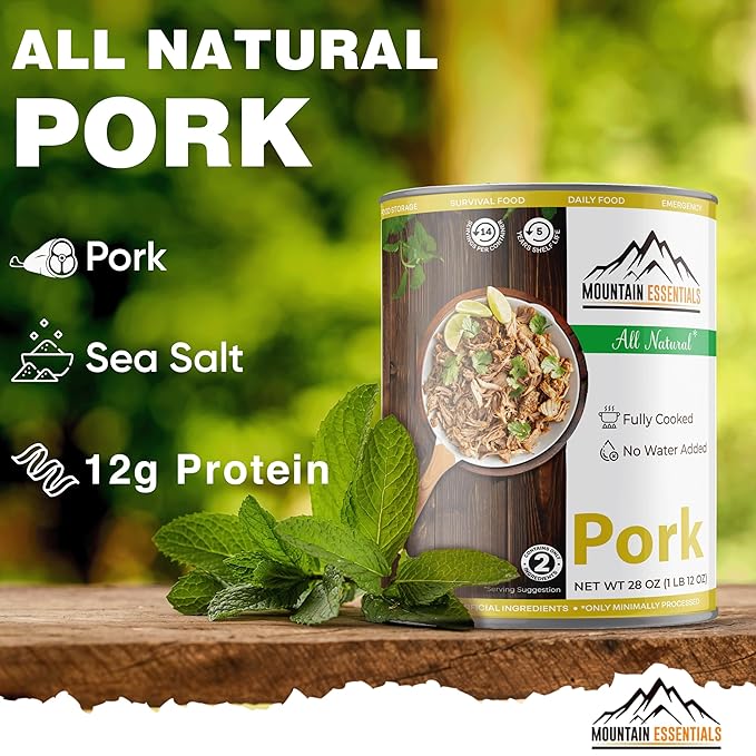 MOUNTAIN ESSENTIALS Canned Pork 28 Oz – Fully Cooked, Ready to Eat – Pantry Staple Canned Meat for