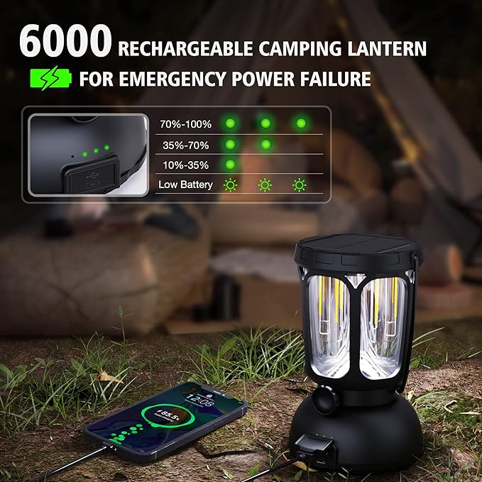 Raynic 6000 LED Camping Lantern Rechargeable, 650LM Hand Crank Solar Camping Light, Portable