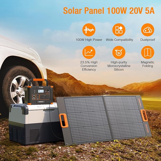 519Wh Outdoor Solar Generator with 100W Portable Solar Panel 20V, Portable Power Station 500W(Peak