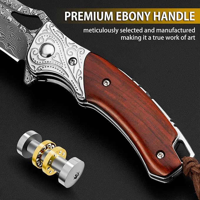 NedFoss Heron Damascus Pocket Knife, 2.8" Handmade Forged VG10 Damascus Steel Blade, 6.5" EDC