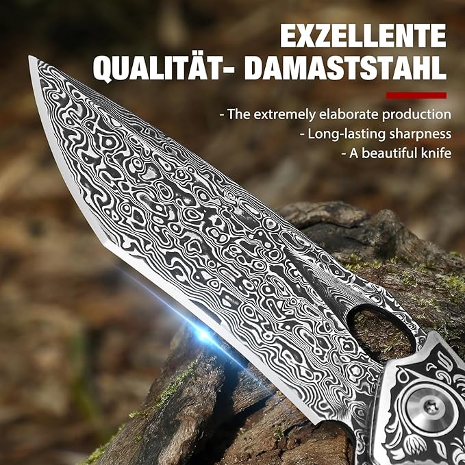 Damascus Steel Folding Pocket Knife with VG10 Core, Wooden Handle & Leather Sheath, Outdoor Knife
