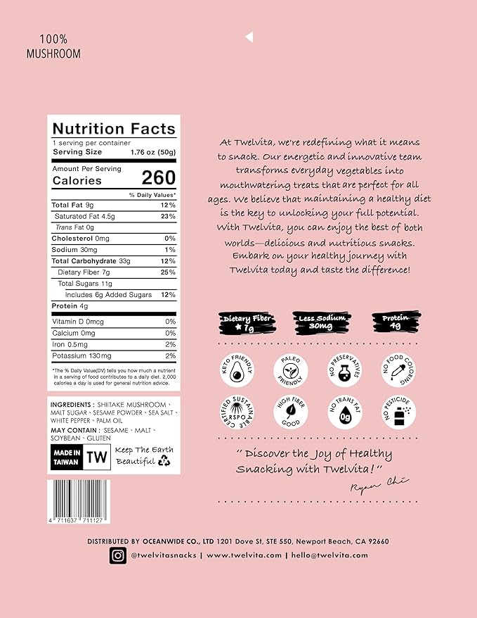 TwelVita Wholesome Baked Shiitake Mushroom Crisps, Vegan Snacks, Clean Label, Non-GMO, Gluten-Free