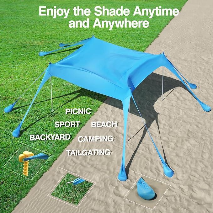 Rhino Valley Beach Tent Shade Canopy UPF50+ Protection, 8 Sandbags, 4 Stability Poles, Outdoor Sun