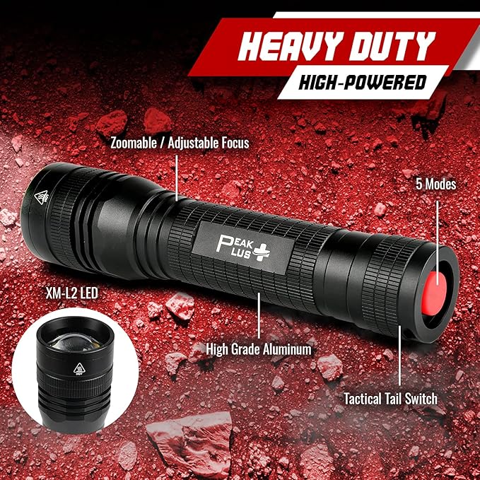 PeakPlus High Powered LED Flashlight LFX2000, Brightest High Lumen Light with 5 Modes, Zoomable and
