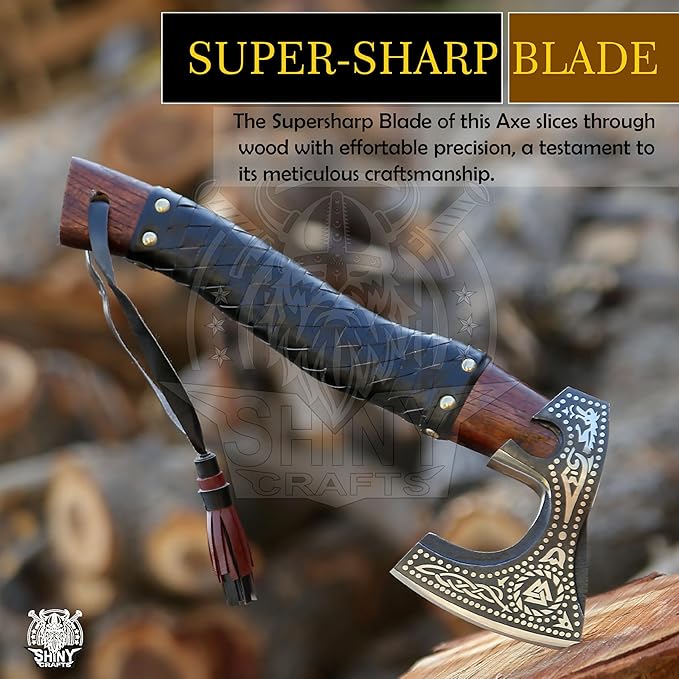 SHINY CRAFTS®- Engraved Viking Axe – Gift for Outdoorsman Hand-Forged Hatchet with Leather Wrap