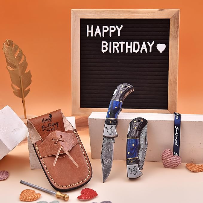 6.5' Personalized Engraved Damascus pocket knife for men Small folding knife for outdoor, camping