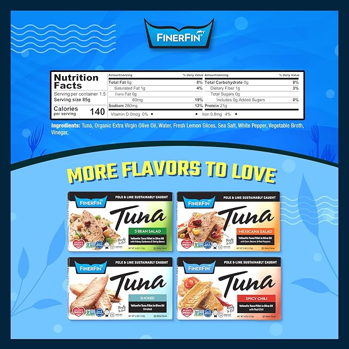 FinerFin Yellowfin Tuna Salad in Organic Olive Oil | Zesty Lemon Flavor | Premium Canned Tuna Fish
