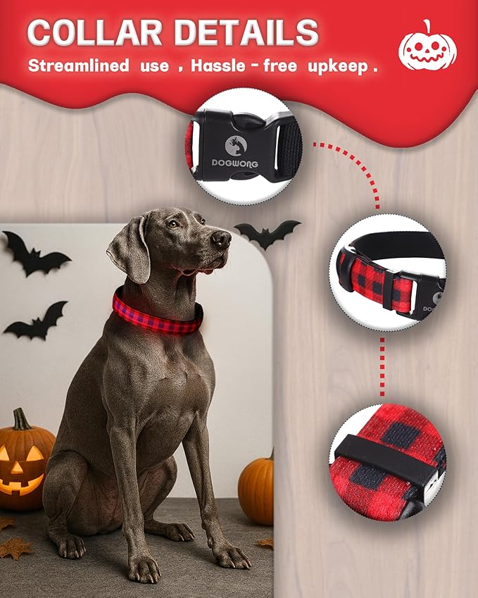 DOGWONG LED Dog Collar - Christmas Red Plaid Heavy Duty Light up Dog Collars - Rechargeable