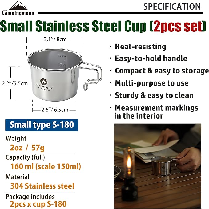 CAMPINGMOON Small Coffee Mug Cup 160ml 304 Stainless Steel Camping Backpacking S-180 (2pcs set)