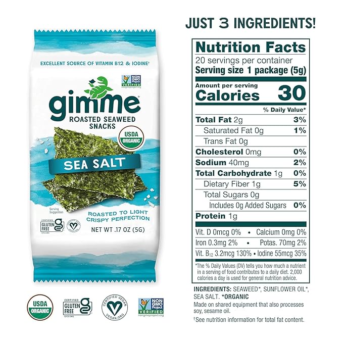Gimme Seaweed Organic Premium Roasted Seaweed Snacks, Sea Salt, 20 Count, Keto, Vegan, Gluten-Free