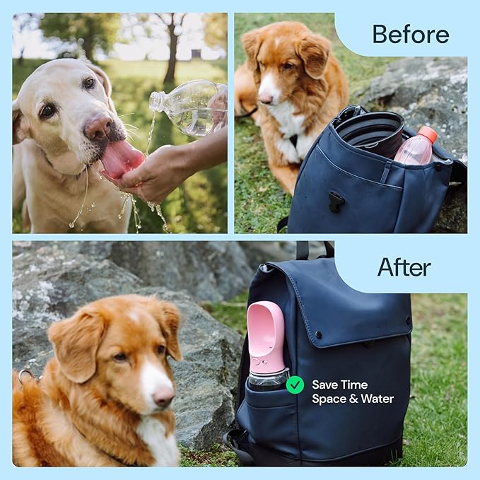 MalsiPree Dog Water Bowl Dispenser - 12 oz, Pink - One-Hand Operation & Dog Water Bottle Portable