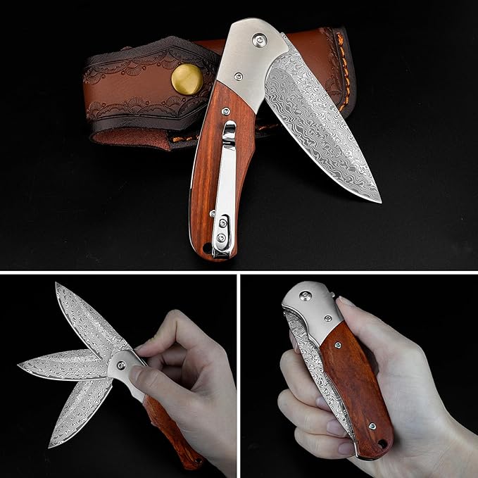 KOMWERO Damascus Pocket Knife with Clip for Men, VG10 Damascus Steel Folding Knives, EDC Damascus