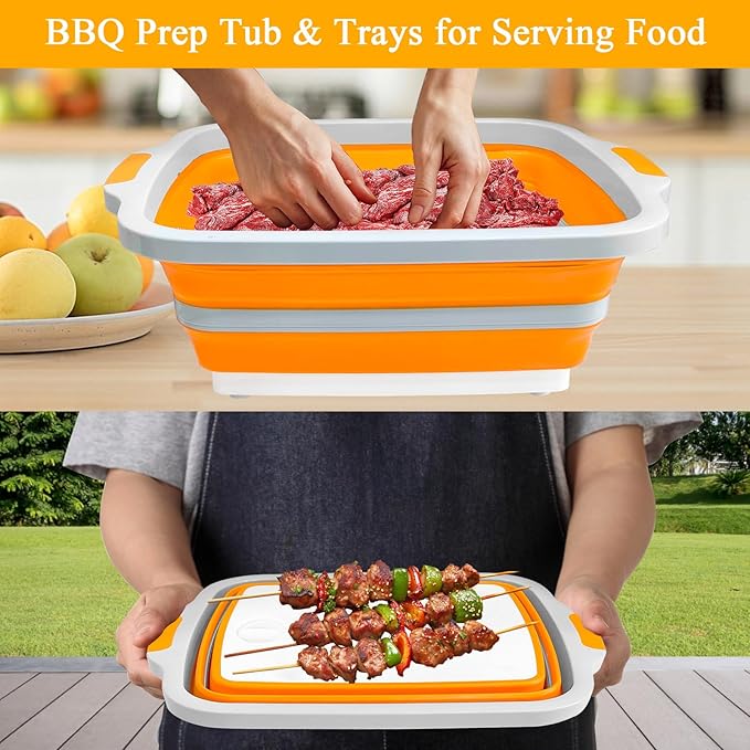 Collapsible BBQ Prep Tubs with Lids, Grill Cutting Board, Camping Sink with Drainage Hole for Meal