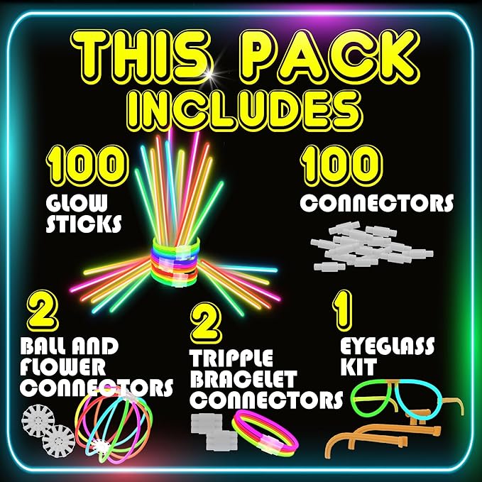 PartySticks Bulk Party Supplies 205 Piece Glow in The Dark 100 Glow Sticks with Eye Glasses