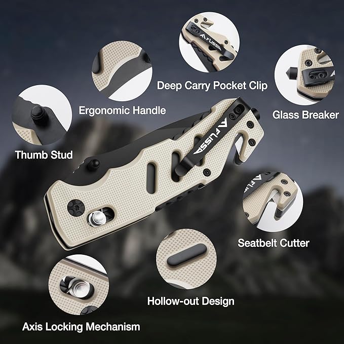 FLISSA Folding Pocket Knife with Clip, Glass Breaker and Seatbelt Cutter, Survival Knife for