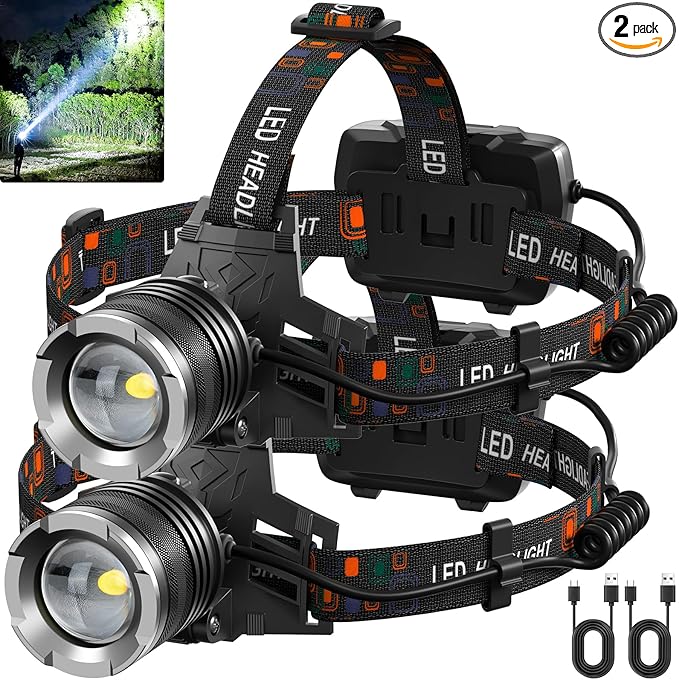 LED Rechargeable Headlamp, 3000 Lumens Super Bright Head Lamp with 5 Modes, 90°Adjustable, USB