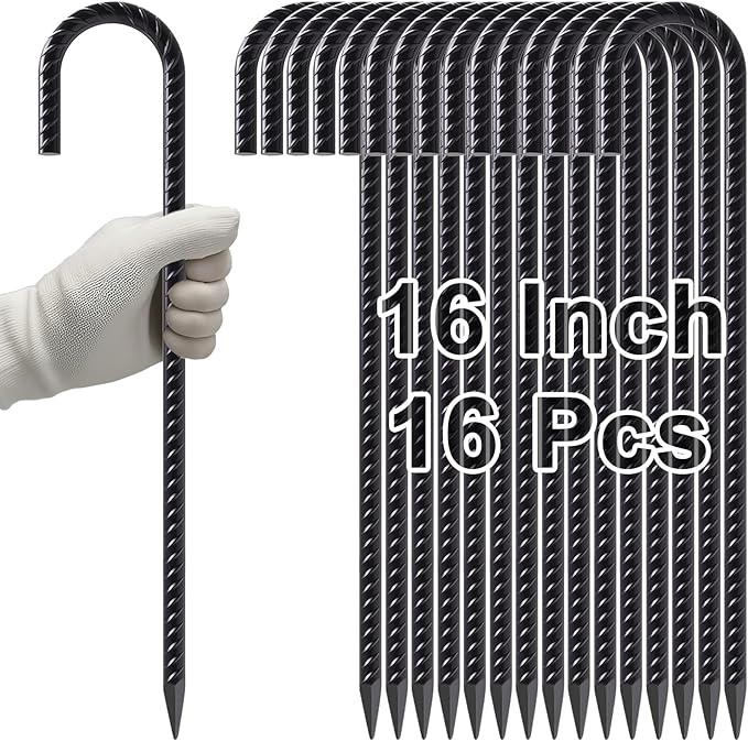 VVOKGO Rebar Stakes 16 Inches J Hook Heavy Duty Chain Link Fence Stakes, 16 Pcs Metal Long Tent