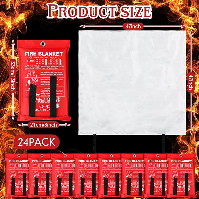 Jerify 24 Pack Fire Blanket for Home Emergency - 47 x 47 Inch Kitchen Fire Suppression, Fiberglass