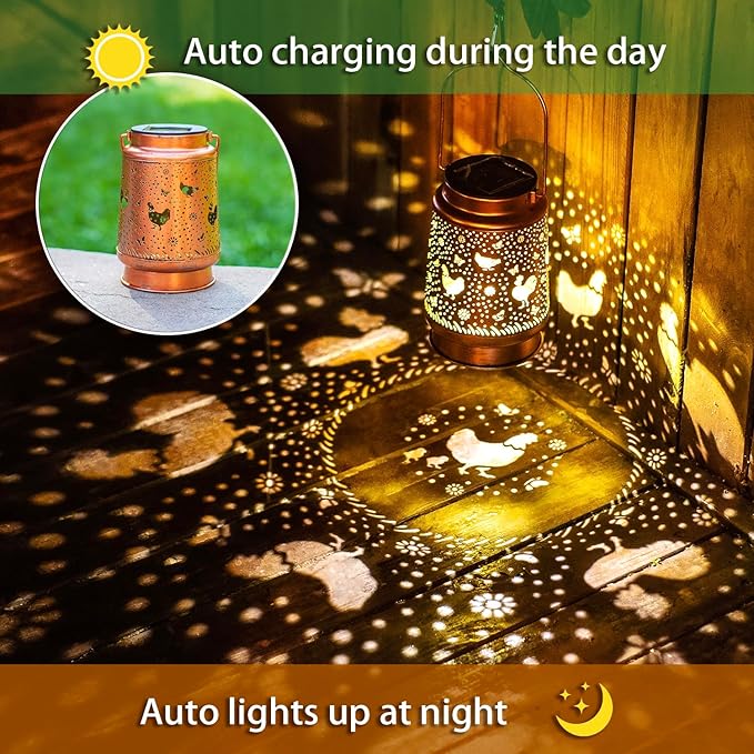 Chicken Solar Lanterns Outdoor Waterproof Hanging Solar Lights Chicken Gifts for Women Men Metal