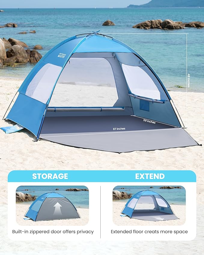 OutdoorMaster Beach Tent for 3/4 Person - Easy Setup Sun Shade Shelter, Portable Beach Shade Sun