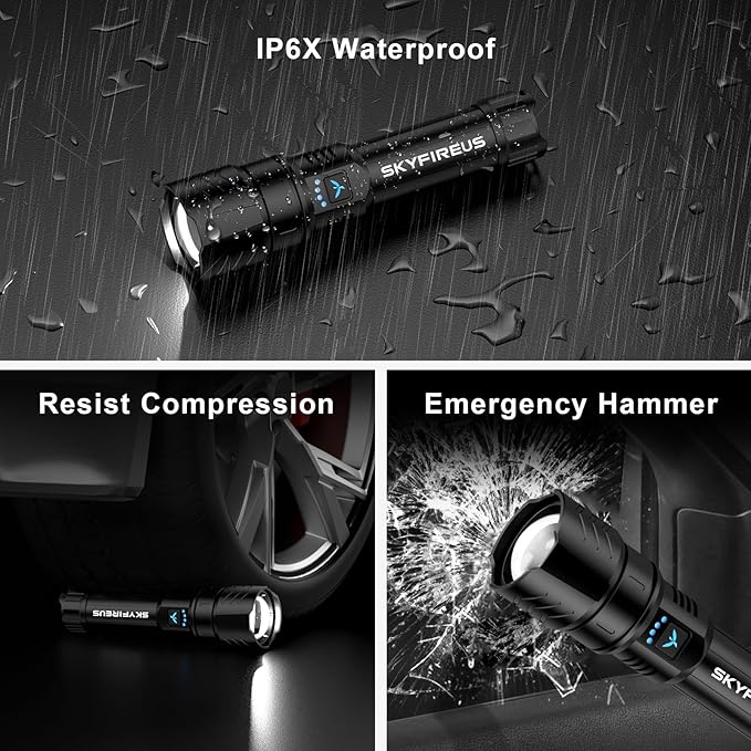 SKYFIRE LED Flashlight High Lumens,2000lm Super Bright Rechargeable Flashlight,Zoomable,Four