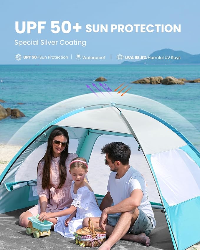 OutdoorMaster Beach Tent for 3/4 Person - Easy Setup Sun Shade Shelter, Portable Beach Shade Sun