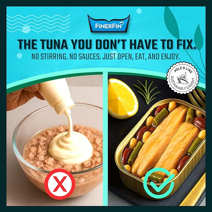 FinerFin Yellowfin Tuna In Organic Olive Oil ??3 Bean Salad Flavor (4.4oz can - 6 Pack); Premium