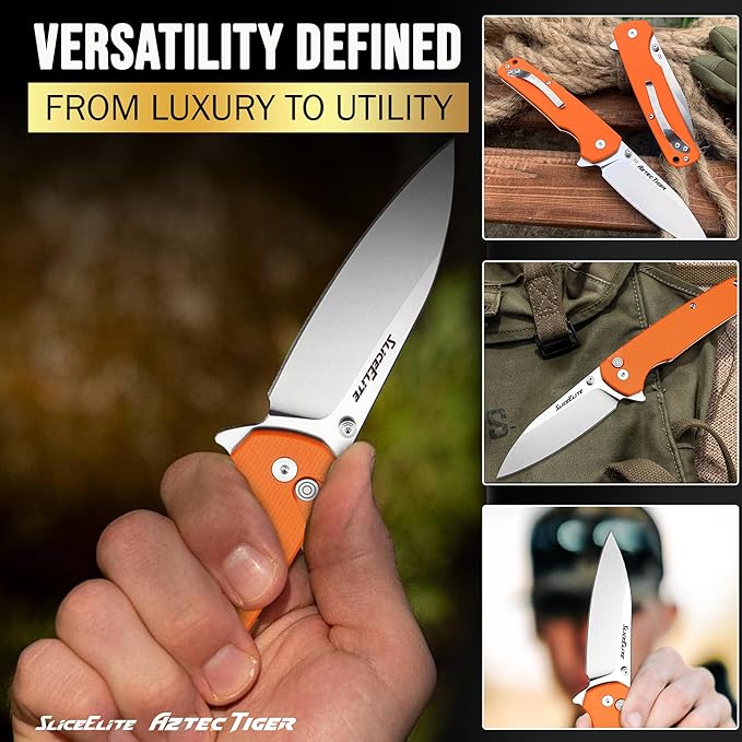 SliceElite 3.6-Inch Aztec Tiger Folding Knife | Pocket Knife with Orange G10 Composite Handle, D2
