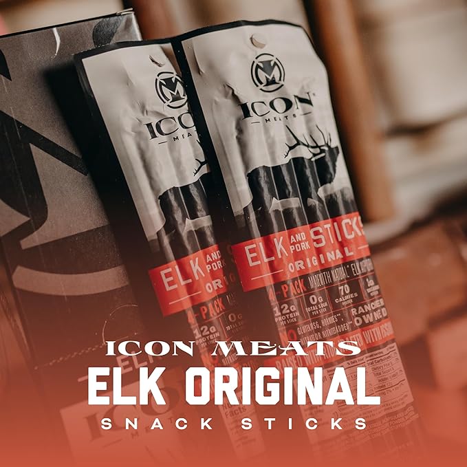 ICON Meats Elk and Pork Snack Sticks - Original Flavor - 6 Packs Per Box, 4 Sticks Per Pack, All