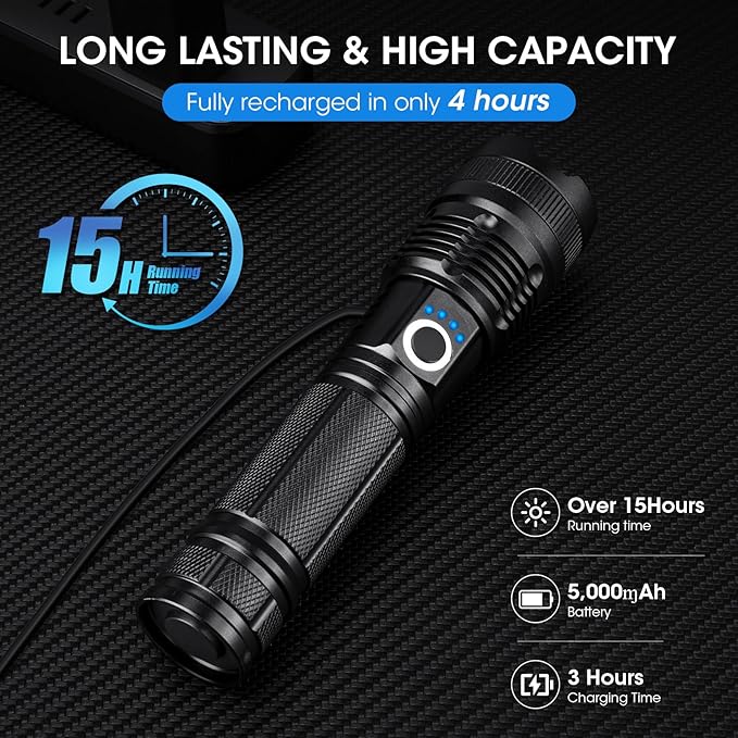 Flashlights Rechargeable LED High Lumens - 4 Pack 90,000LM Super Bright Flashlight, Adjustable