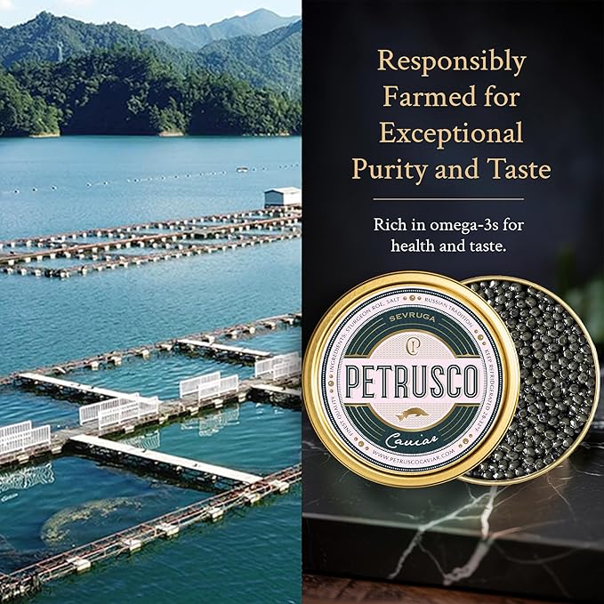 PETRUSCO Sevruga Black Caviar - Premium Fresh Seafood Sturgeon Fish Caviar - Rich, Buttery Flavor