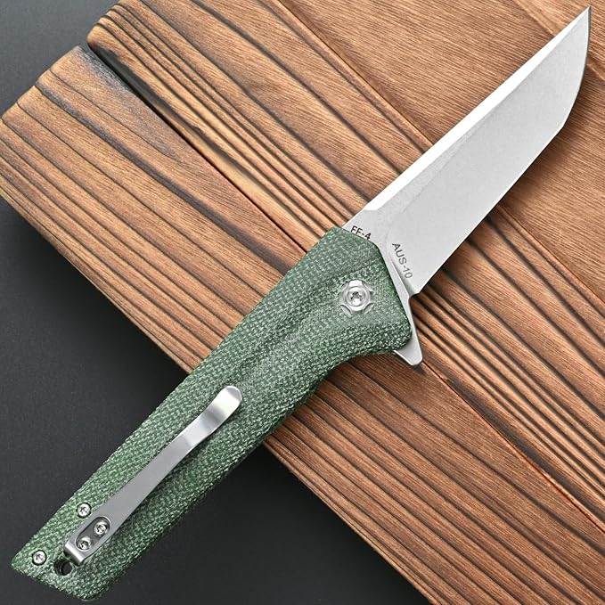 FF4 Folding Knife, AUS-10 Steel Blade Micarta Handle Knife for Outdoor Camping Hunting Fishing