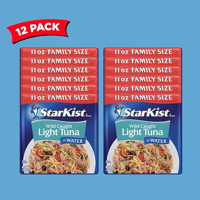 StarKist Chunk Light Tuna in Water, 11 oz Pouch (12 Pack) Ready to Eat Wild Caught Tuna, 19g