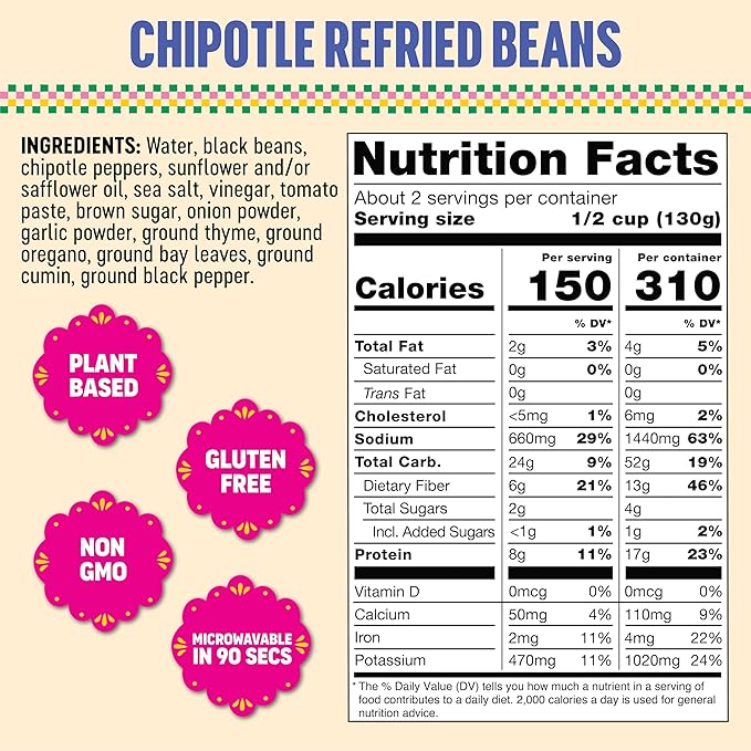 SOMOS Chipotle Refried Black Beans - Gluten Free, Non-GMO, Vegan & Microwavable Meals Ready to Eat