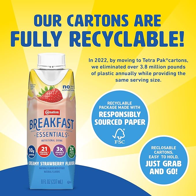 Carnation Breakfast Essentials Ready-to-Drink Creamy Strawberry, 8 FL OZ Carton,8 Fl Oz (Pack of 24)