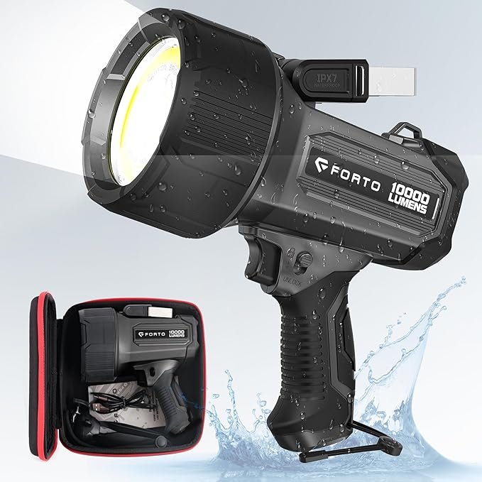 FORTO Rechargeable Spotlight 10000 Lumen Ultra Bright IPX7 Waterproof Flashlight, Boat Spotlight