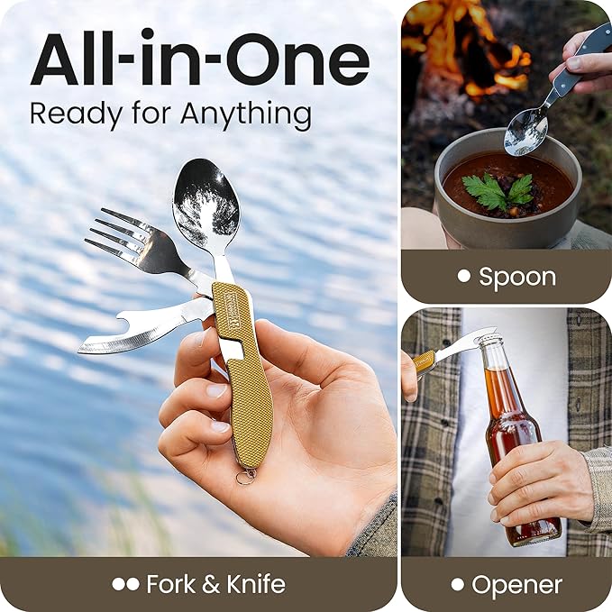 Orblue 4-in-1 Camping Eating Utensils, 2-Pack - Portable Spoon, Fork, Knife & Bottle Opener Combo