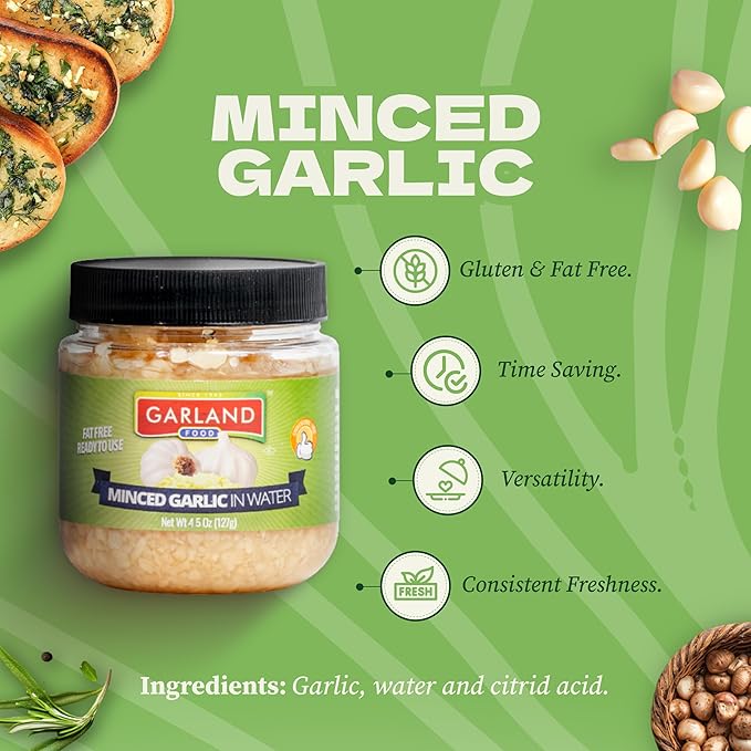 Garland Food Minced Garlic in Water 4.5 oz ??Made in the USA - Minced Garlic in Jar for Fresh