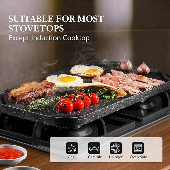 SENSARTE Nonstick Griddle Grill Pan, Pro-Grid Reversible Grill & Griddle Pan, Two Burner Cast