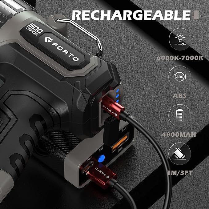 FORTO Compact Rechargeable Spotlight with Adjustable Focus, Handheld Spot Light with Stand, 823m