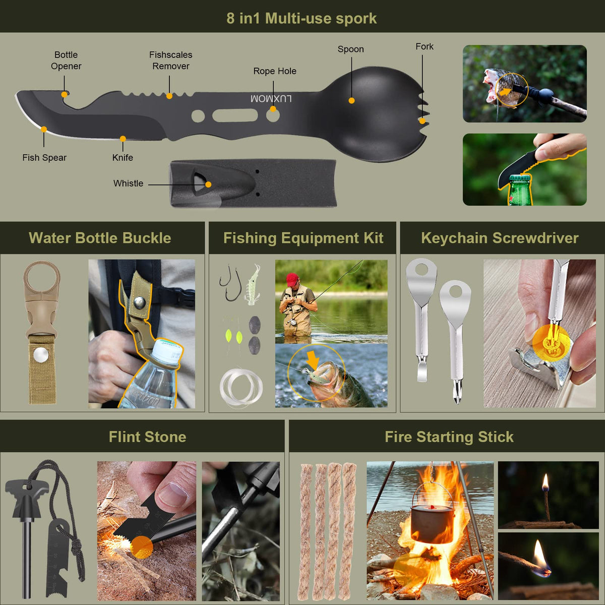 XUANLAN Emergency Survival Kit, Outdoor Survival Gear Tool with Survival Bracelet, Fire Starter