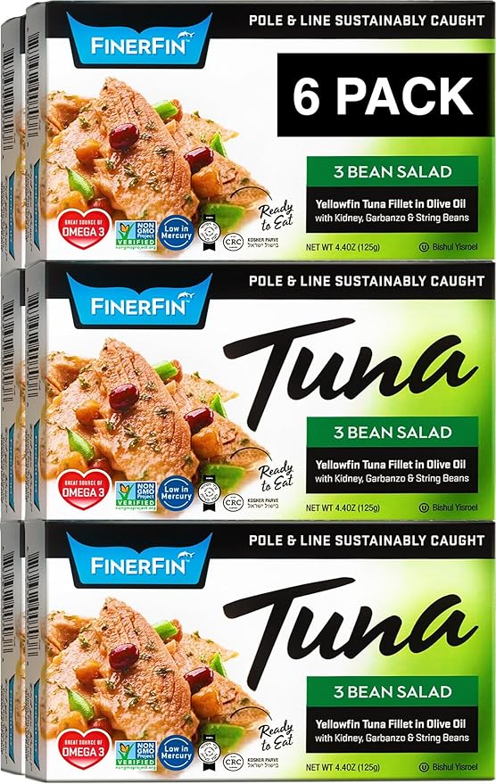 FinerFin Yellowfin Tuna In Organic Olive Oil ??3 Bean Salad Flavor (4.4oz can - 6 Pack); Premium