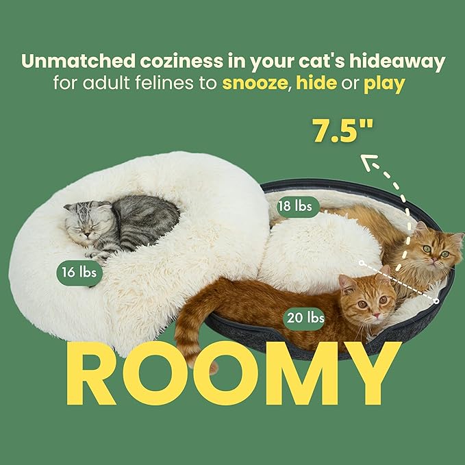 CATTASAURUS Peekaboo Cat Cave for Multiple & Large Cats Up to 30-45 Lbs, Fluffy Cat Beds for Indoor