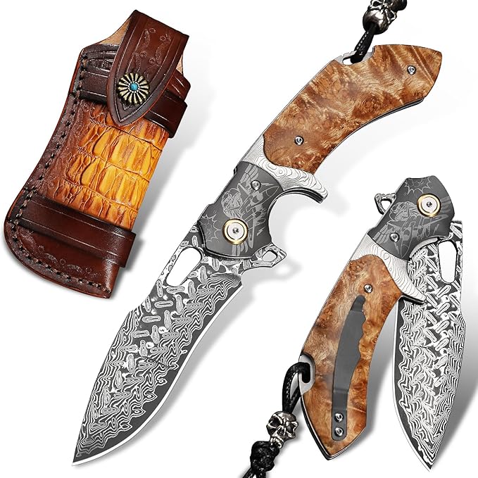 Damascus Steel Folding Pocket Knifeï¼?.6in Men's EDC knife，With leather sheath，pocket clip，Liner