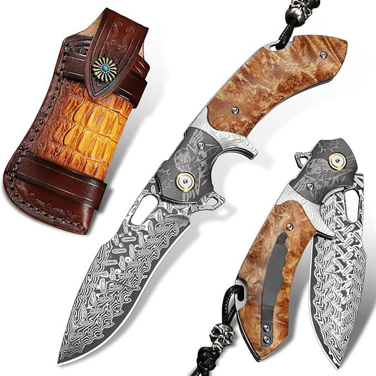 Damascus Steel Folding Pocket Knifeï¼?.6in Men's EDC knife，With leather sheath，pocket clip，Liner