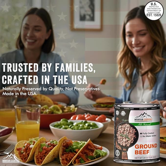 MOUNTAIN ESSENTIALS All Natural Canned Ground Beef 28 Oz – Fully Cooked, Ready to Eat Hamburger
