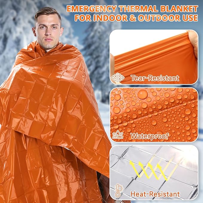 SecuCaptain Survival Emergency Thermal Blankets: Thicken 28um Space Mylar Blanket Kit for Outdoor