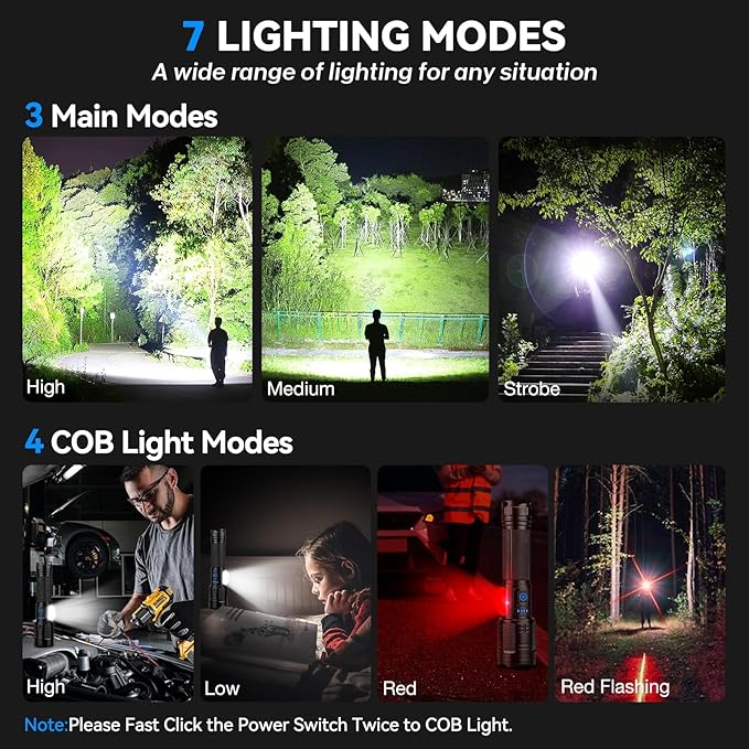 Flashlight Rechargeable 99,000 High Lumen - 2 Pack LED Flash Light with COB, 7 Modes Powerful
