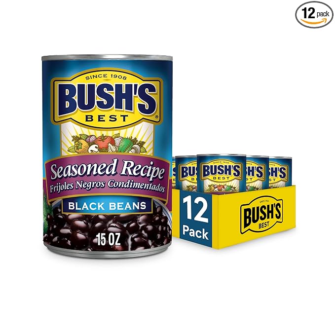 BUSH'S BEST 15 oz Canned Seasoned Recipe Black Beans, Source of Plant Based Protein and Fiber, Low