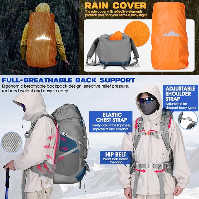IGOLUMON 60L Hiking Backpack Waterproof Camping Backpack with Rain Cover Large Lightweight